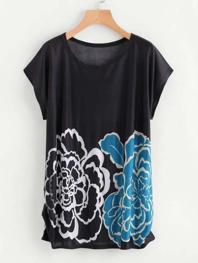Dolman Sleeve Shirred Side Flower Print Tee
