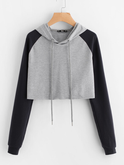 Contrast Raglan Sleeve Raw Hem Heathered Crop Hoodie