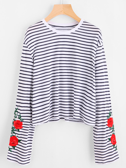 T-shirt a strisce con ricamo di fiore