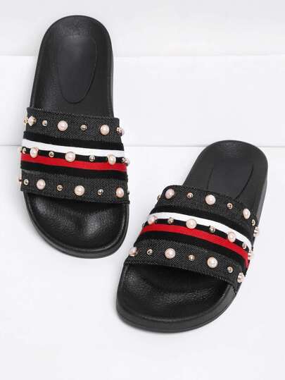Faux Pearl & Studded Detail Slip On Sandals