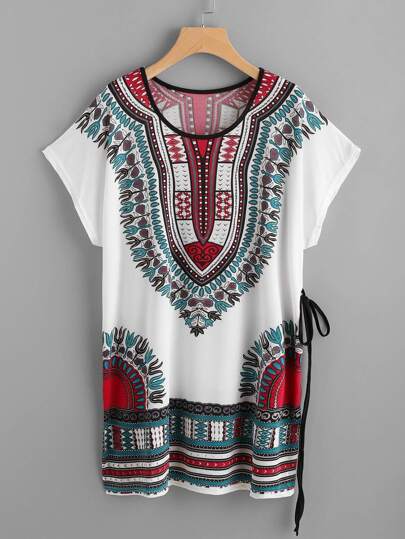 T-Shirt Kleid mit Vintagemuster, Dolmanärmeln und Band Detail