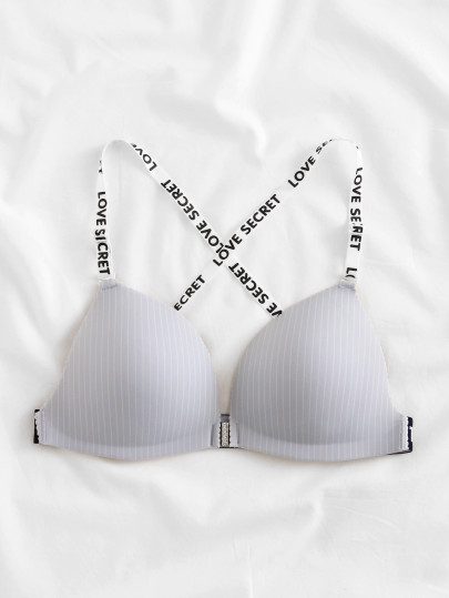 Striped Print Slogan Tape Bra