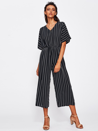 Overlap Tie Back Vertical Striped Wide Leg Jumpsuit