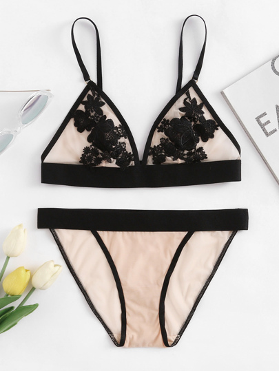 Flower Applique Mesh Lingerie Set