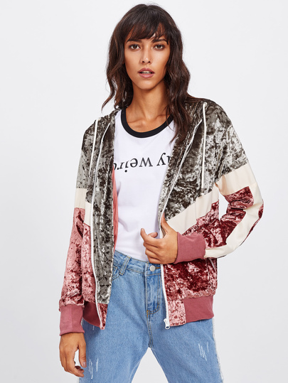 Cut And Sew Crushed Velvet Hooded Jacket