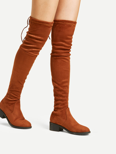 Lace Up Detail Block Thigh High Heeled Boots