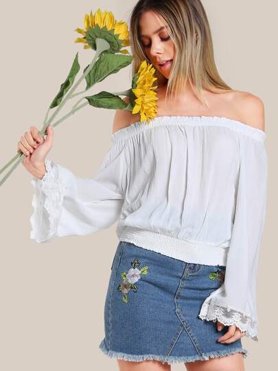 Lace Trim Off Shoulder Top WHITE