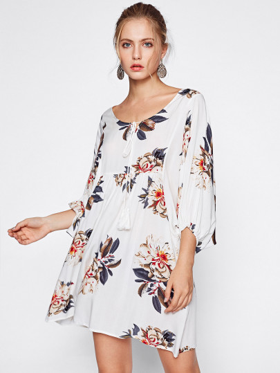Tassel Tie Neck Dolman Sleeve Smock Dress