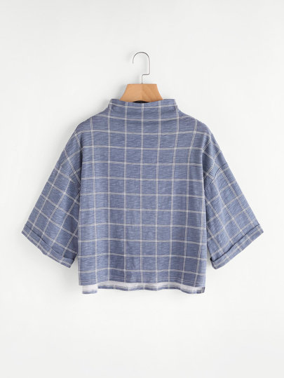 Funnel Neck Drop Shoulder Grid T-shirt