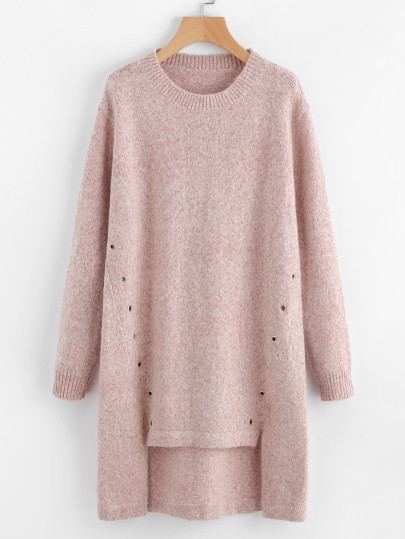 Eyelet Detail Stepped Hem Marled Knit Sweater Dress