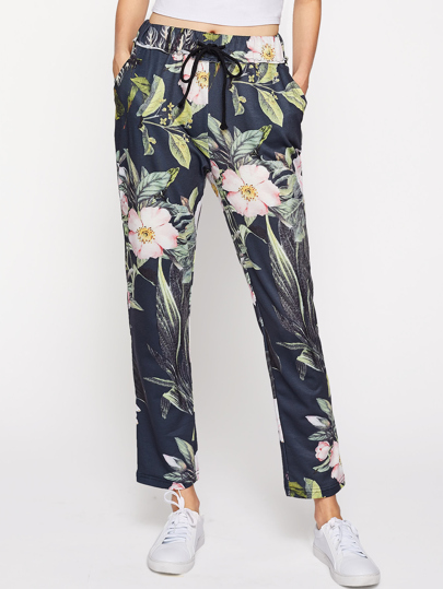 Flower Print Tapered Drawstring Pants