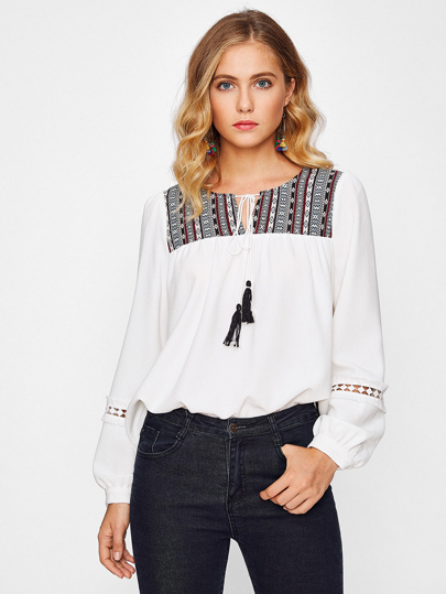 Tassel Tie Lace Insert Jacquard Yoke Top