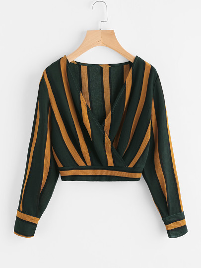 V Neckline Striped Surplice Crop Top