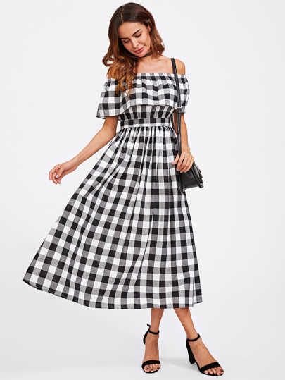 Flounce Bardot Gingham Dress