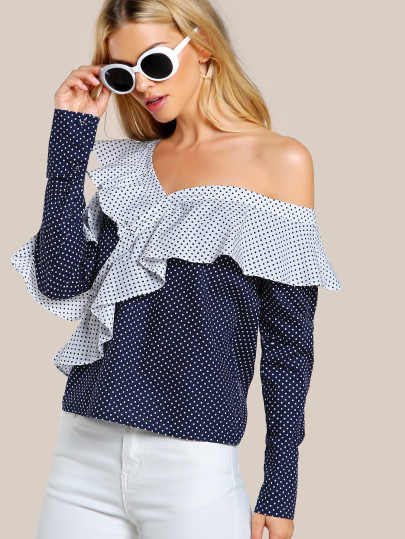 Asymmetric Shoulder Flounce Detail Blouse