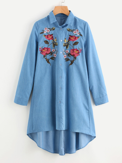 Flower Embroidered Front Denim Shirt Dress