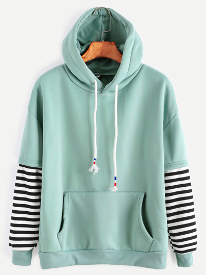 Sweat-shirt à capuche manche à rayures cordon avec poche -vert pâle