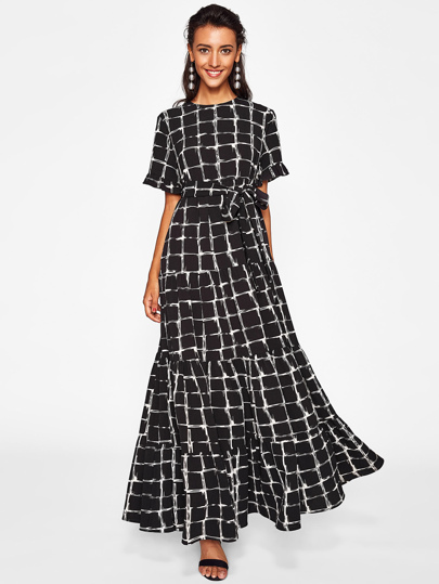 Frilled Sleeve Brush Stroke Grid Tiered Dress