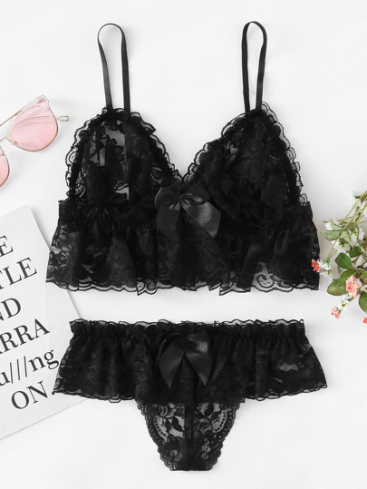 Frill Trim Floral Lace Lingerie Set