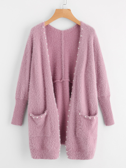 Pearl Beading Pocket Front Fuzzy Sweater Coat