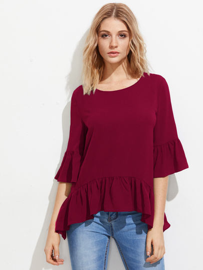 Trumpet Sleeve Frilled Hem Top