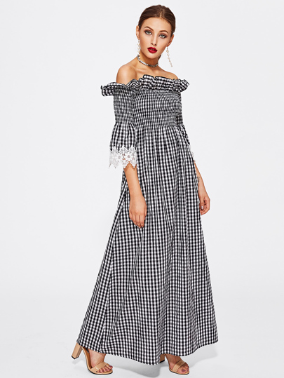 Contrast Lace Cuff Frill Detail Smocked Gingham Dress