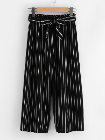 Vertical Stripe Self Tie Wide Leg Pants
