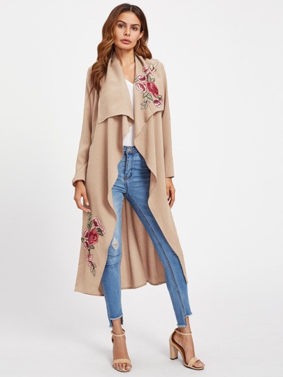 Flower Embroidery Patch Belted Waterfall Coat