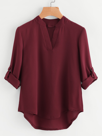 Roll-Up Sleeve Dip Hem Blouse