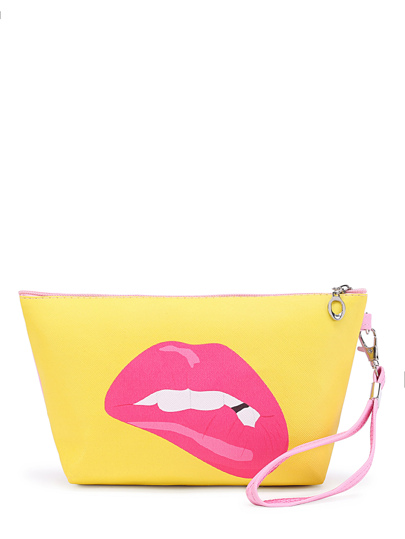 Lip & Slogan Print Makeup Bag With Wristlet