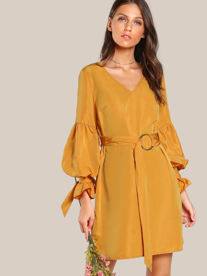 Tie Sleeve O-Ring Belt Detail Dress