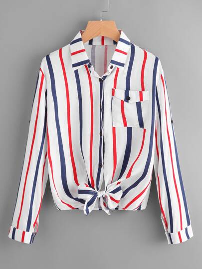 Vertical Striped Roll Tab Sleeve Knotted Hem Shirt