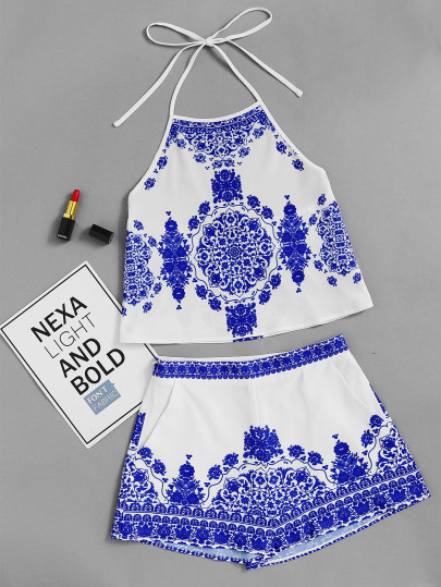Porcelain Print Crop Halter Top With Shorts