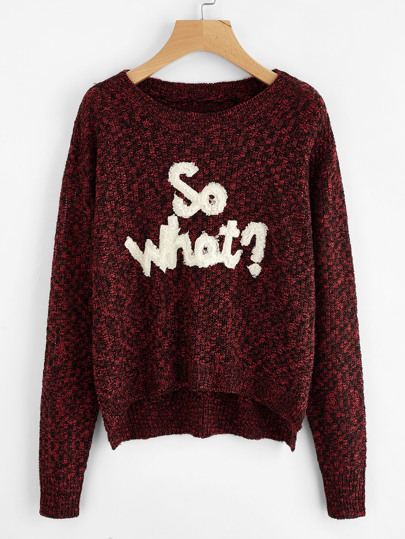 Marled Knit Stepped Hem Graphic Jumper
