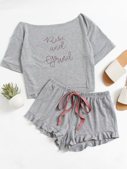 High Low Top And Frill Hem Shorts Pajama Set