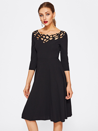 Laser Cut Neck Fit & Flare Dress
