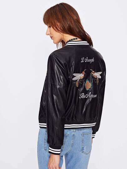 Chaqueta bomber de pu con ribete de rayas con bordado de abeja