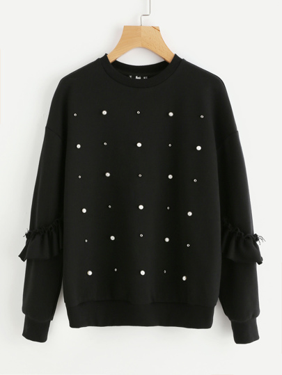 Pearl And Stud Detail Frilled Sleeve Sweatshirt