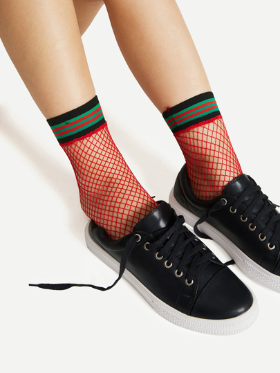 Striped Trim Fishnet Ankle Socks