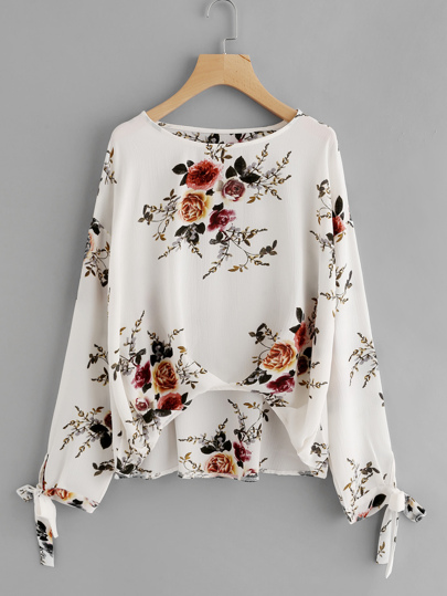 Bow Tie Cuff Box Pleated Dip Hem Top