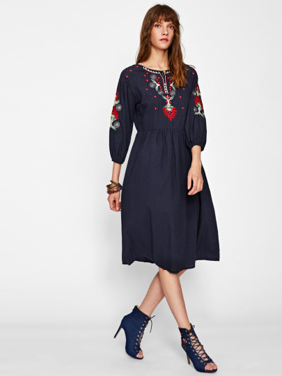 Embroidered Front And Sleeve Lantern Sleeve Dress