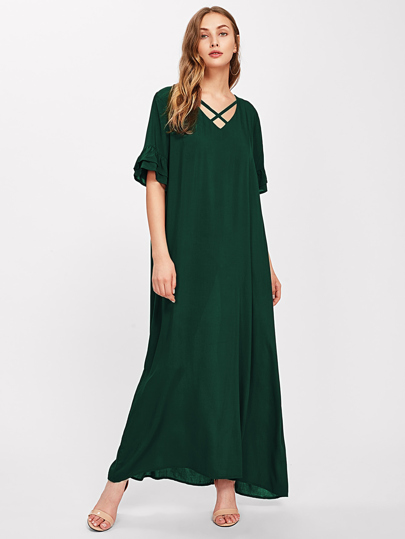 Tiered Frill Sleeve Crisscross V-neckline Dress