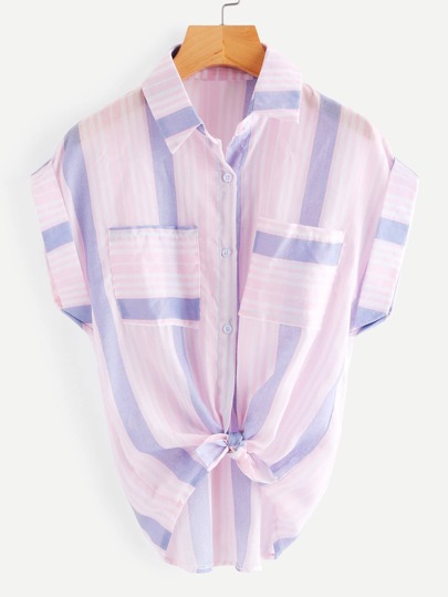 Barcode Stripe Knotted Hem Cuffed Shirt
