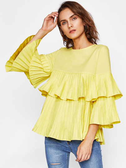 Tiered Pleated Bell Sleeve And Flounce Blouse