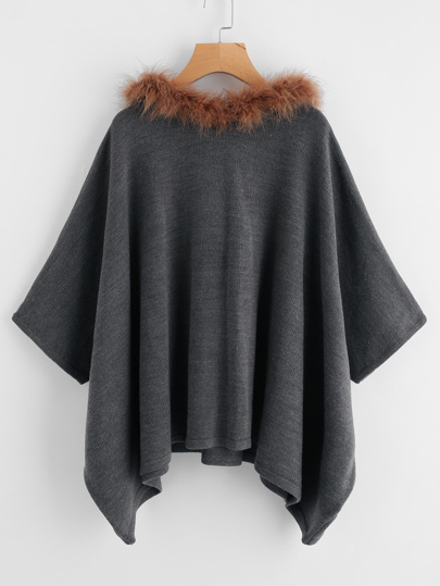 Hanky Hem Faux Fur Trim Hooded Poncho Sweater