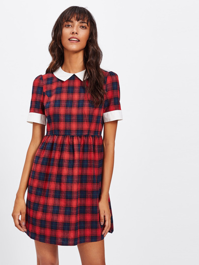 Contrast Trim Buttoned Bow Back Checkered Dress