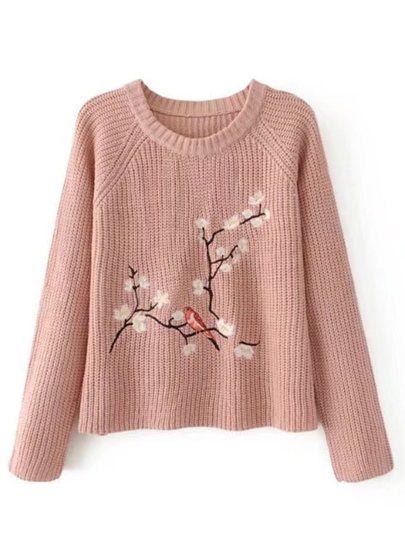 Flower Embroidery Raglan Sleeve Jumper