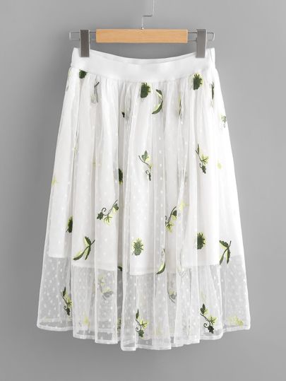 Embroidered Dot Mesh Overlay Skirt