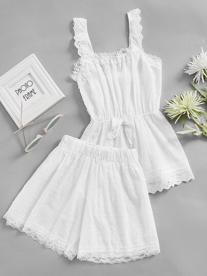 Eyelet Embroidered Lace Trim Dot Jacquard Pajama Set