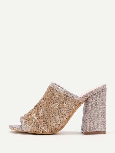 Sequin Overlay Block Heeled Mule Sandals